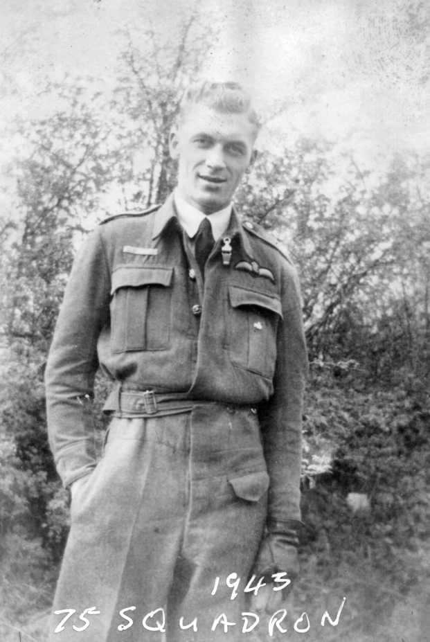 Image from the Allan Mason Forbes Alexander personal album. Informal portrait of Pilot Officer AMF Alexander, No. 75 Squadron pilot. Unknown location. Handwritten in the image area "1943 / 75 Squadron."